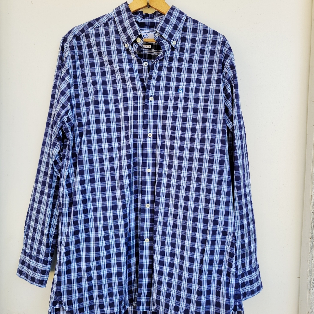 Southern Tide Men Blue Plaid Long Sleeve Button Down Shirt Classic Fit Medium